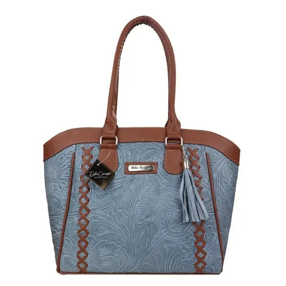 Denim Blue Brown Cross Stitch Embossed Tooled Artisan LEATHER Hobo Bag Purse